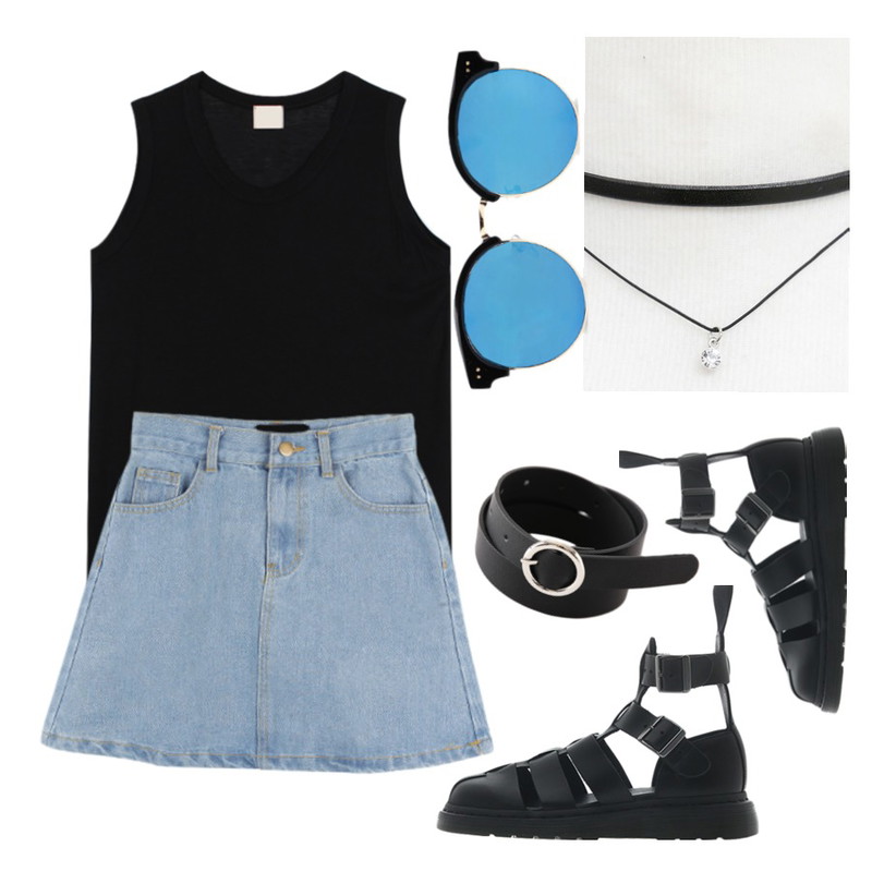 Reine 캔버스 링 버클 벨트,BANHALA 만점 스커트,biznshoe Basic sleeveless (3color)등을 매치한 코디