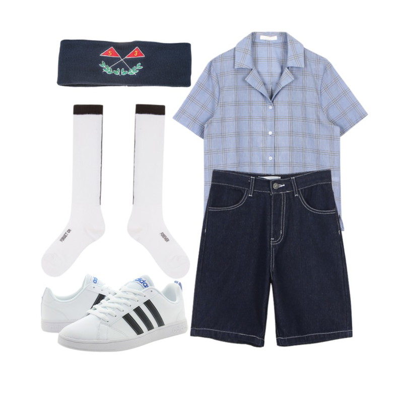 daily monday Stitch straight short pants,biznshoe Check collar shirts (2color),Player 아디다스 VS 어드벤티지 흰검파 (VS ADVANTAGE FTWWHT/CBLACK/BLUE)등을 매치한 코디