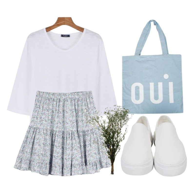 Zemma World OUI (bag),BANHALA [세트상품]_빙수티셔츠+꽃다방스커트,daily monday Daily color slub 7-tee등을 매치한 코디