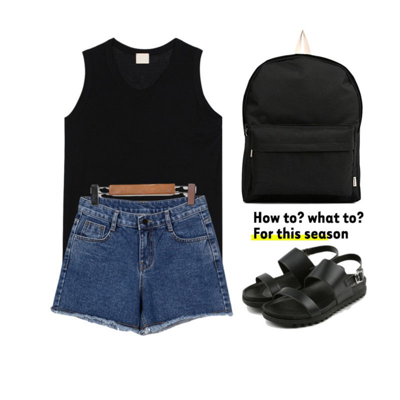 biznshoe Simple color backpack (3color),From Beginning Day wash denim shorts_B (size : S,M,L),biznshoe Basic sleeveless (3color)등을 매치한 코디