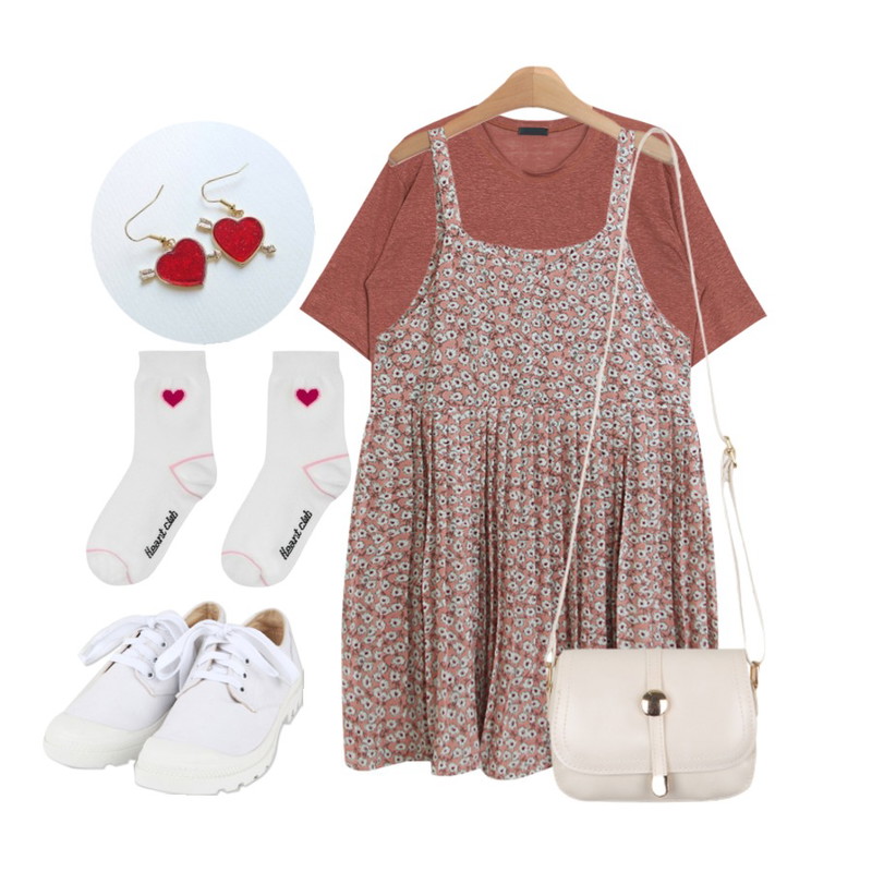 AIN chunky bottom white sneakers ,TODAY ME [dress]알파 플라워 원피스,AIN linen round 1/2 T (5 colors)등을 매치한 코디