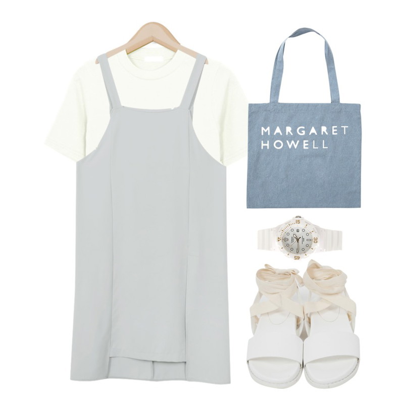 From Beginning Made_ops-040_apron unbal ops (size : free),From Beginning Cotton string ribbon sandle_B (size : 230,235,240,245,250),From Beginning Mini crop T_B (size : free)등을 매치한 코디