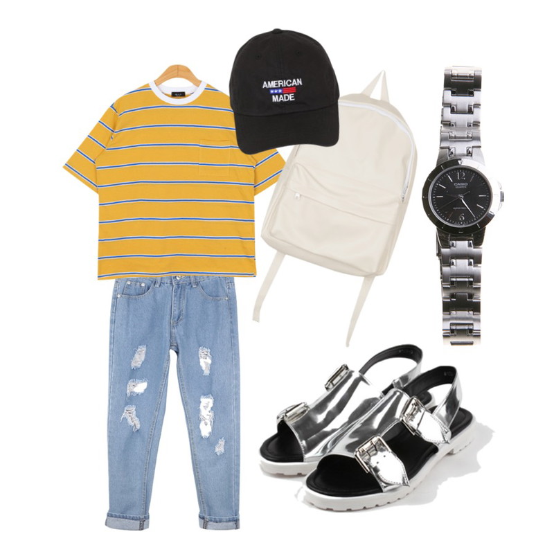 daily monday Big buckle strap sandles,BANHALA 이태원 팬츠,BULLANG GIRL 포켓단반팔T등을 매치한 코디