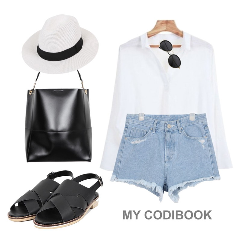 Zemma World 오픈데일리 (bl),AIN tangle line sandal (2 colors),AIN lightblue short denim pants등을 매치한 코디