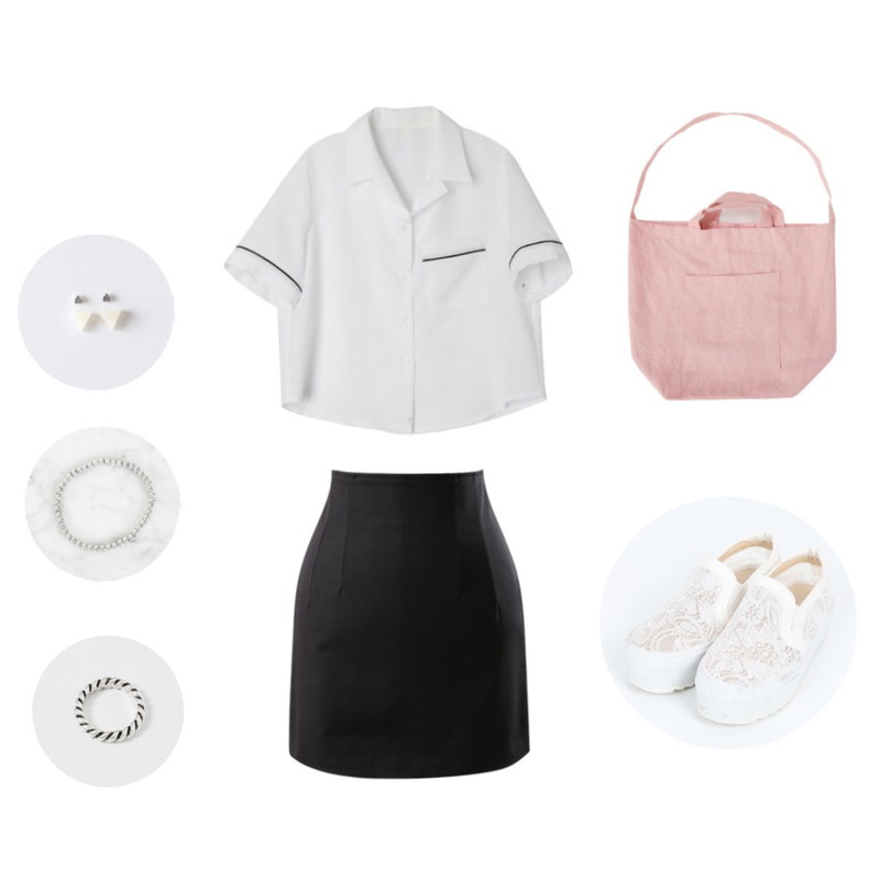 BULLANG GIRL 통굽레이스 슬립온,DORA 폴리라인NB,CHLO.D.MANON 데일리 코튼 스커트등을 매치한 코디
