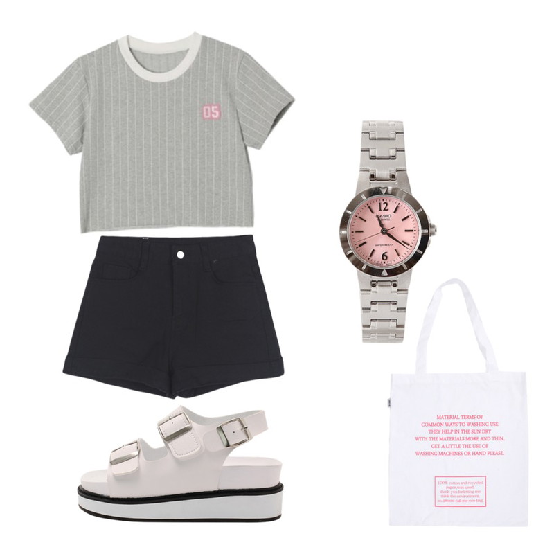 DORA 야구핑크크롭T,LOVELY SHOES 로닌 통굽 샌들 (6cm),BANHALA [세트상품]_막대사탕티셔츠+쫀득이팬츠등을 매치한 코디