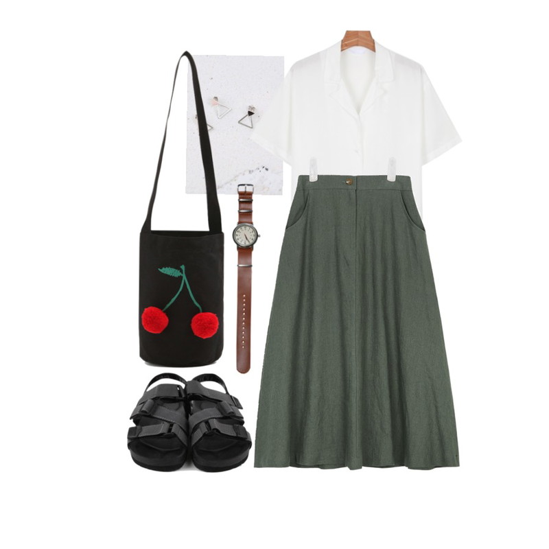 daily monday Silky touching blouse6/14 입고예정,CHLO.D.MANON 생각나 e,AIN linen half-banding flare skirt (2 colors)등을 매치한 코디