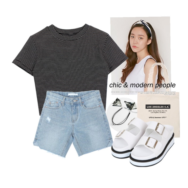 daily monday Smile layered yarn bracelet,From Beginning Stripe ribbon hair band_H (size : one),biznshoe Stripe crop tee (3color)등을 매치한 코디