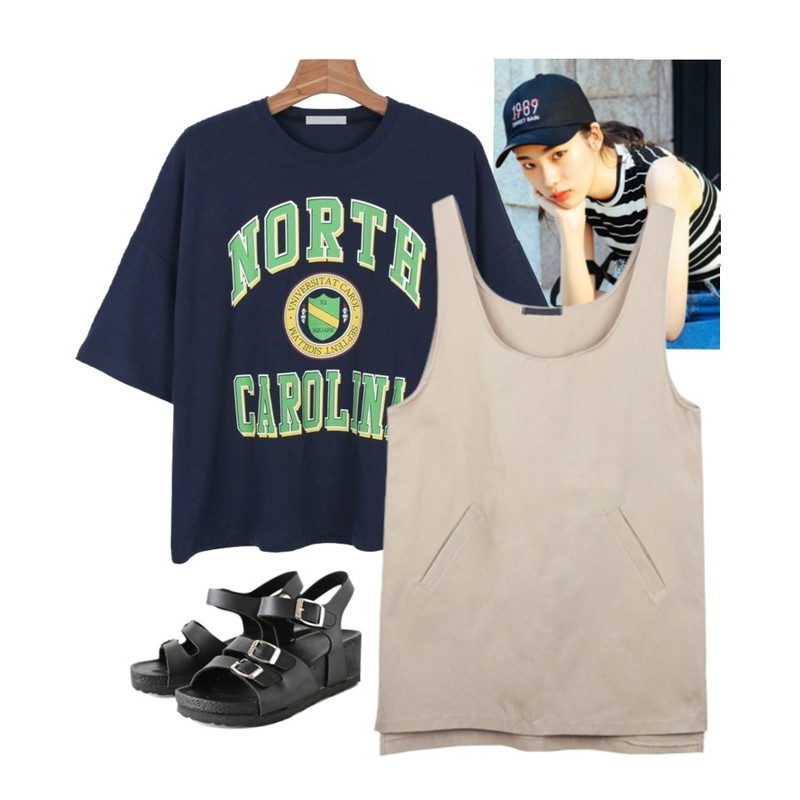BANHALA 레시피 원피스,daily monday North printing boxy tee,MIXXMIX 1989 볼캡등을 매치한 코디