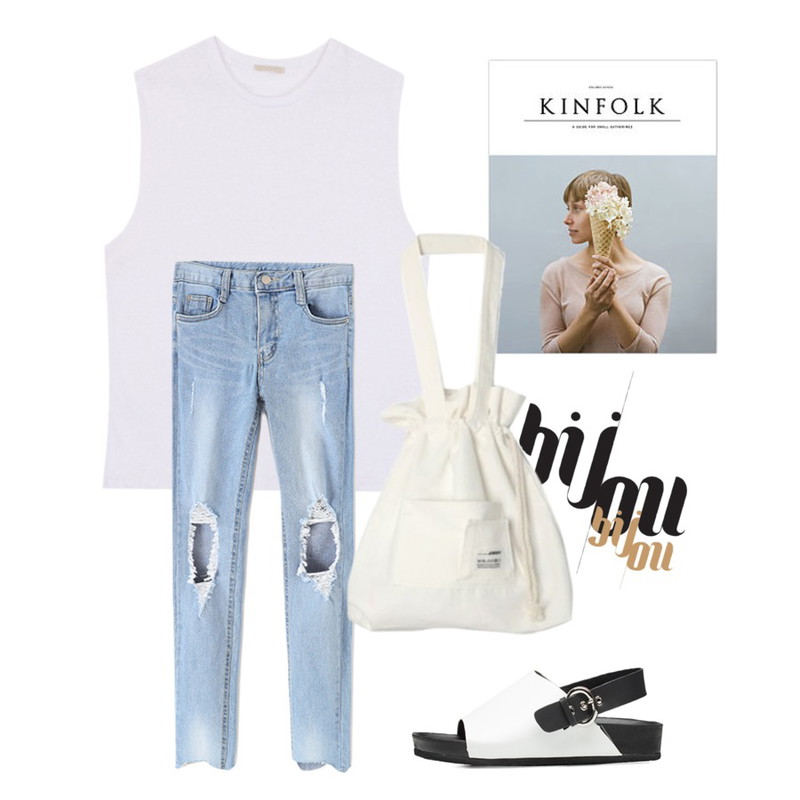 typo,biznshoe Cutting sleeveless (4color),Reine 커스 디스트로이드 스키니등을 매치한 코디