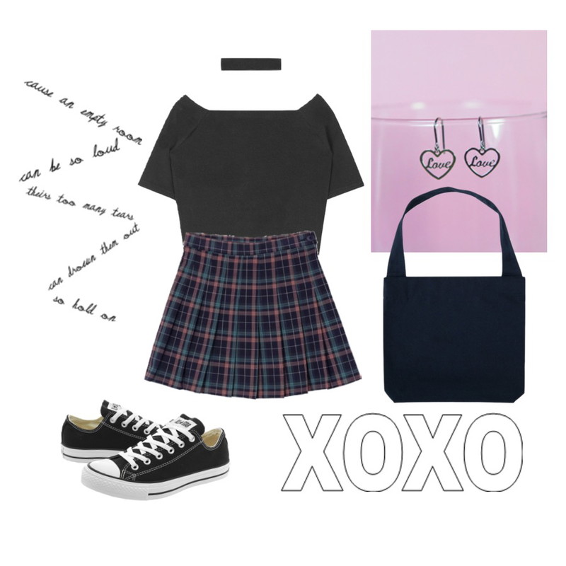 MIXXMIX ONLY MIX off shoulder top,DORA 클래식체크SK,MIXXMIX 씨앤립러브 라인 귀걸이등을 매치한 코디