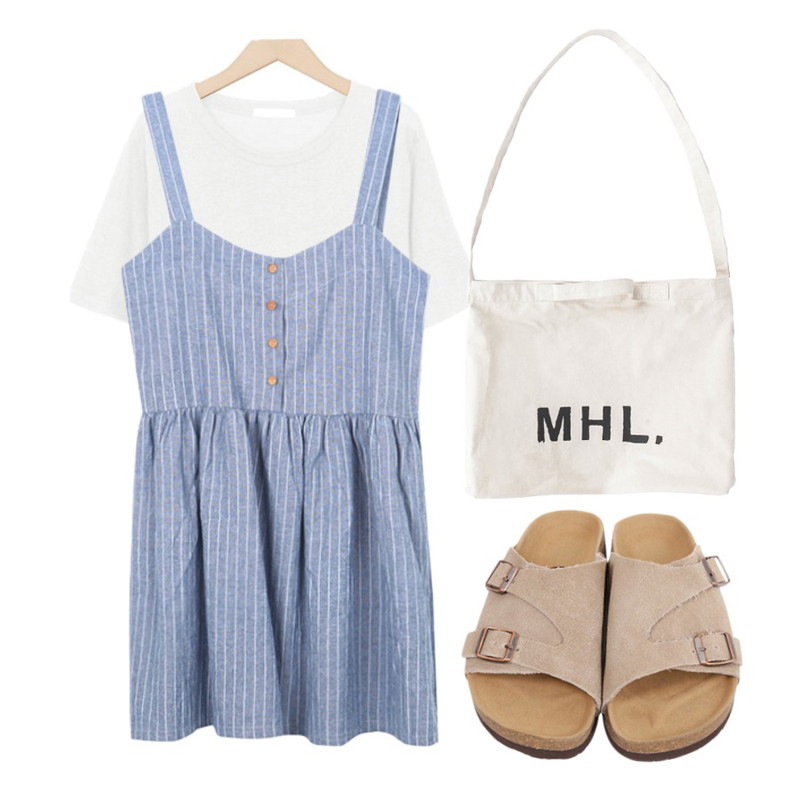 BANHALA 달고나 원피스,From Beginning Be cover slipper_Y(size : 230,235,240,245,250),From Beginning Down linen round T_B (size : free)등을 매치한 코디