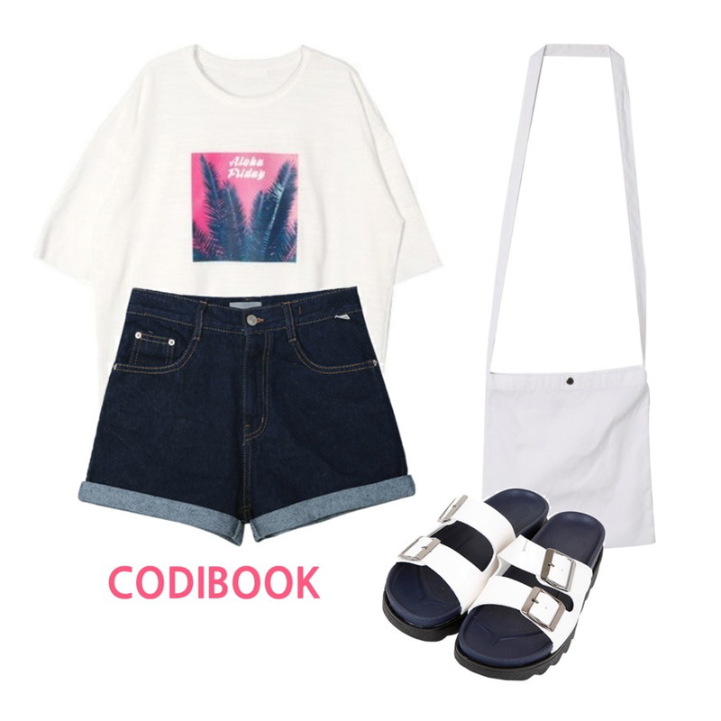 LINDA GIRLS 로이 데님 숏팬츠 (3color),DORA 바인딩사각숄더백,DORA 아로하반팔T등을 매치한 코디