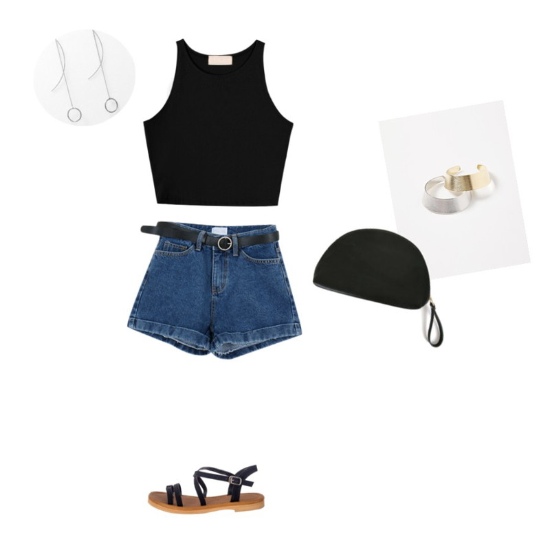 biznshoe Crop sleeveless (3color),SOMEDAYS 벨트반바지(2color),MIXXMIX 1626 strap sandal등을 매치한 코디