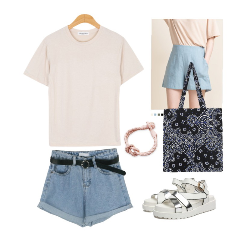 BULLANG GIRL 레이온쫀반팔T<5%할인> 7900원,daily monday Ring belt roll-up short pants,MIXXMIX linen pocket shorts등을 매치한 코디