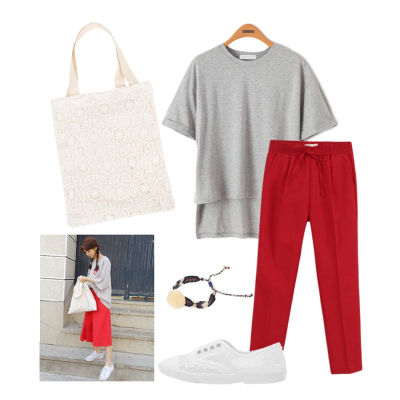 MINIBBONG 하늘-sl (160cm 밴딩슬랙스),Reine 미엘 유니크 심플 티,From Beginning (재진행)Pair of culottes pants_YK (size : free)등을 매치한 코디