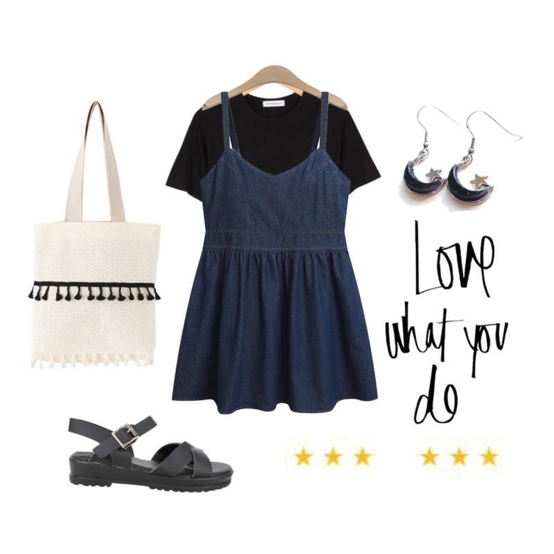 TODAY ME [dress]슈니 데님 원피스,Reine 스트로 투톤 태슬 백,BULLANG GIRL 레이온쫀반팔T<5%할인> 7900원등을 매치한 코디