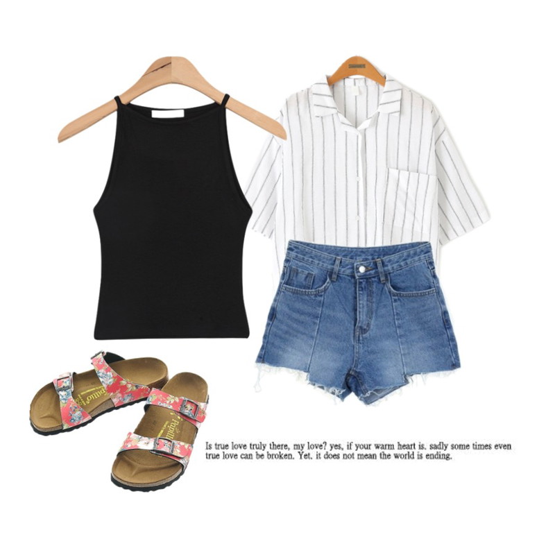 AIN halter neck crop sleeveless (4 colors),Zemma World 베트절개-쇼츠 (pt),Reine 리프레시 린넨 블라우스등을 매치한 코디
