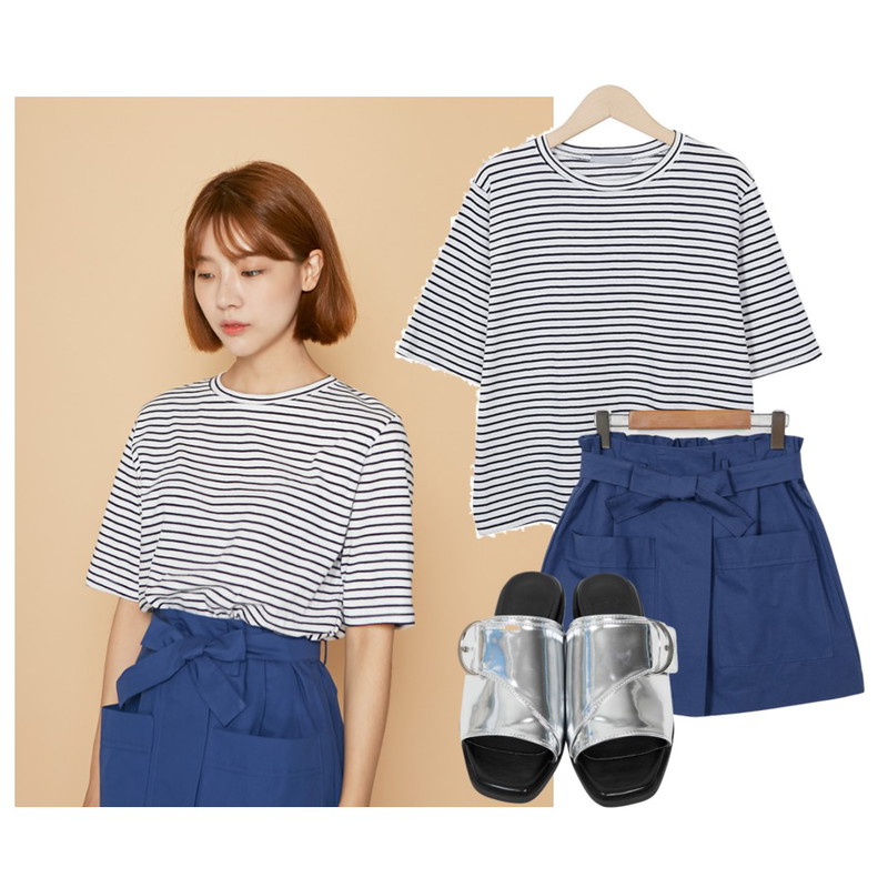 From Beginning Day stripe cotton T_Y (size : free),From Beginning Made_bottom-064_ribbon culottes pants (size : free),4등을 매치한 코디