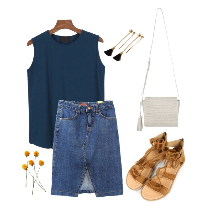DORA 트임데님SK,From Beginning Straw square bag_H (size : one),daily monday Round neck sleeveless등을 매치한 코디