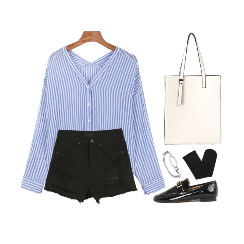 daily monday Unbalance stripe v-neck blouse,MINIBBONG 고양이-pt,Reine 아더 숄더 스퀘어 빅 백등을 매치한 코디