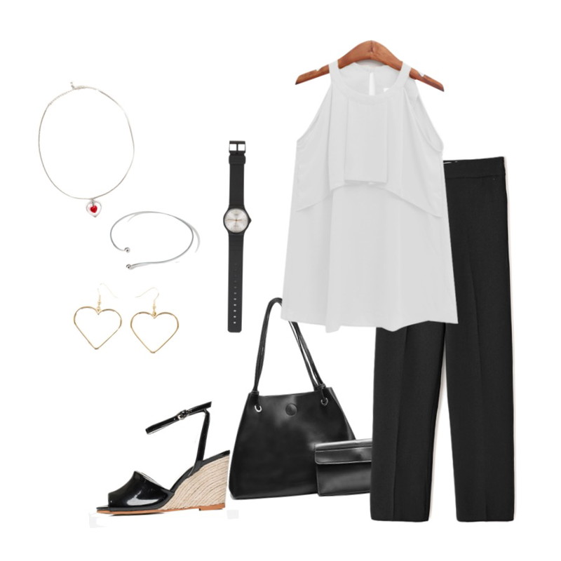 Reine 업사이드 와이드 슬랙스,SOMEDAYS 홀터 프릴bl(4color),LOVELY SHOES 아울리 토트백등을 매치한 코디