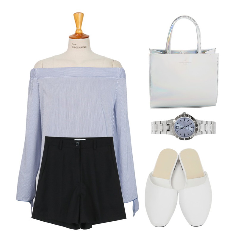 From Beginning Slash plat mule_K (size : 230,235,240,245,250),daily monday Summer shorts slacks,From Beginning Ribbon off shoulder blouse_B (size : free)등을 매치한 코디