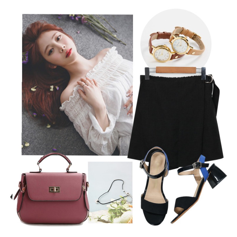 From Beginning Time leather watch_K (size : one),CHLO.D.MANON 스모크 오프숄더 블라우스,From Beginning Ring belt culotte pants_B (size : free)등을 매치한 코디