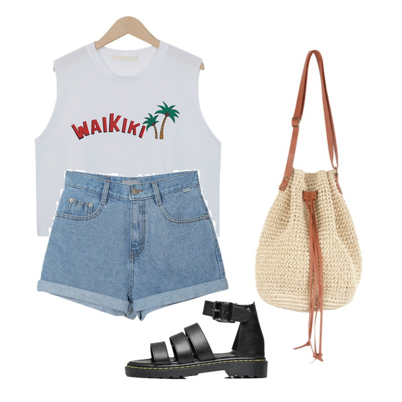 From Beginning Waikiki sleeveless T_Y (size : free),LINDA GIRLS 로이 데님 숏팬츠 (3color),BANHALA 여름휴가 백등을 매치한 코디