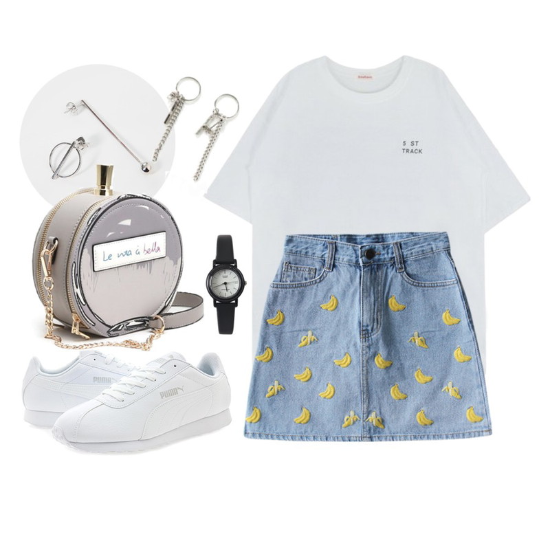 From Beginning Stick ball earring_Y (size : one),MIXXMIX ONLY MIX  Track printing t-shirt,CCUMI SISTER 바나나 데님스커트등을 매치한 코디