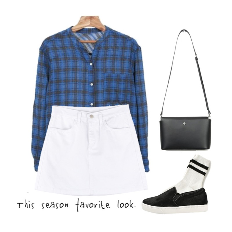 Reine 프레이져 앙고라 삭스,Zemma World (ZEMMA.W) 블루체크 (nb),AIN 'JEJU' simple real leather cross bag (4 colors)등을 매치한 코디