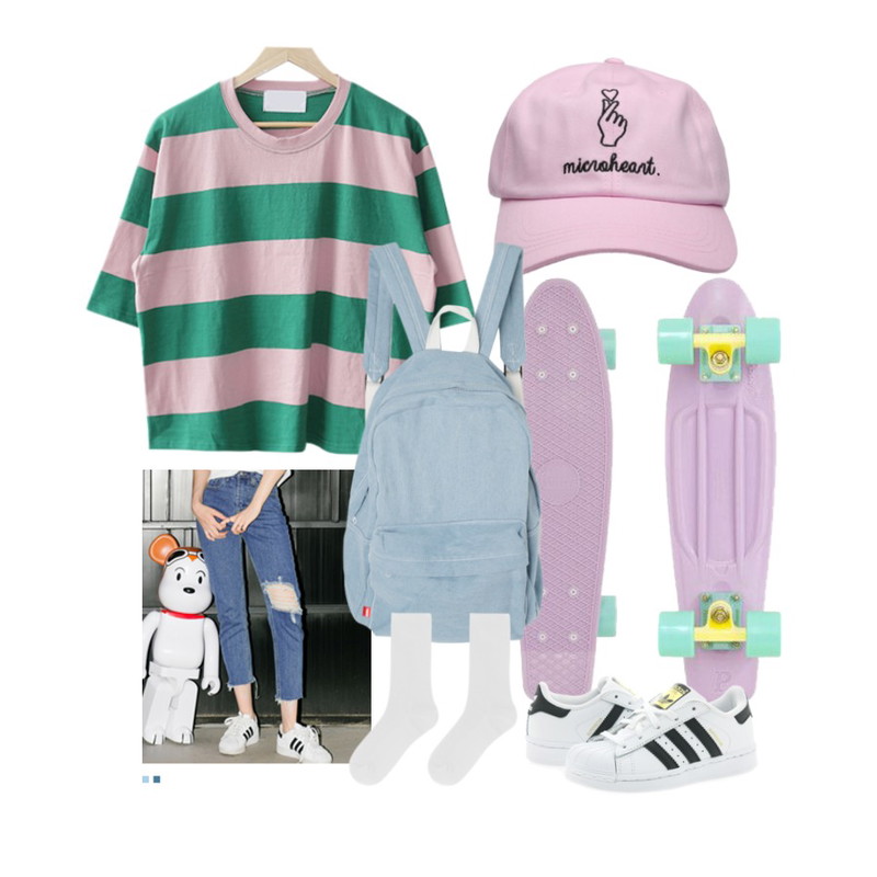 Pastel Cruiser Board,MIXXMIX 언발 데미지 데님 팬츠,CCUMI SISTER 제니스 스트라이프 티셔츠등을 매치한 코디
