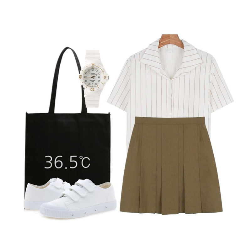 LOVELY SHOES 36.5 토트백,daily monday Wide collar stripe shirt7/19 입고예정,daily monday Ramie pleats skirt등을 매치한 코디