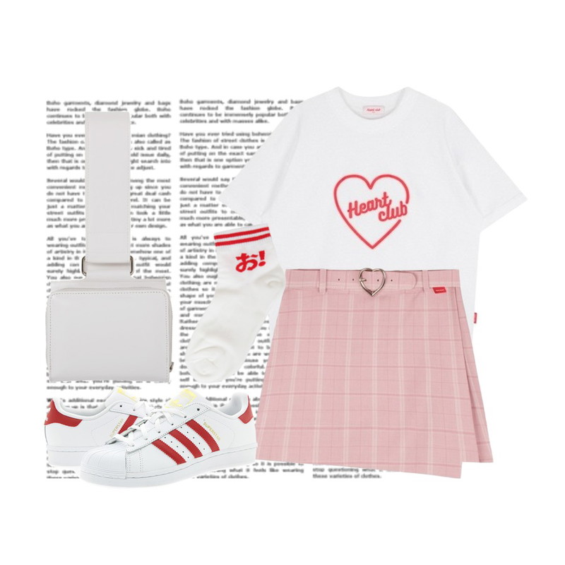 14,MIXXMIX Heart club 16SC Heart check wrap skirt pants(Pink),MIXXMIX Heart club 16SC Heart neon top(White)등을 매치한 코디
