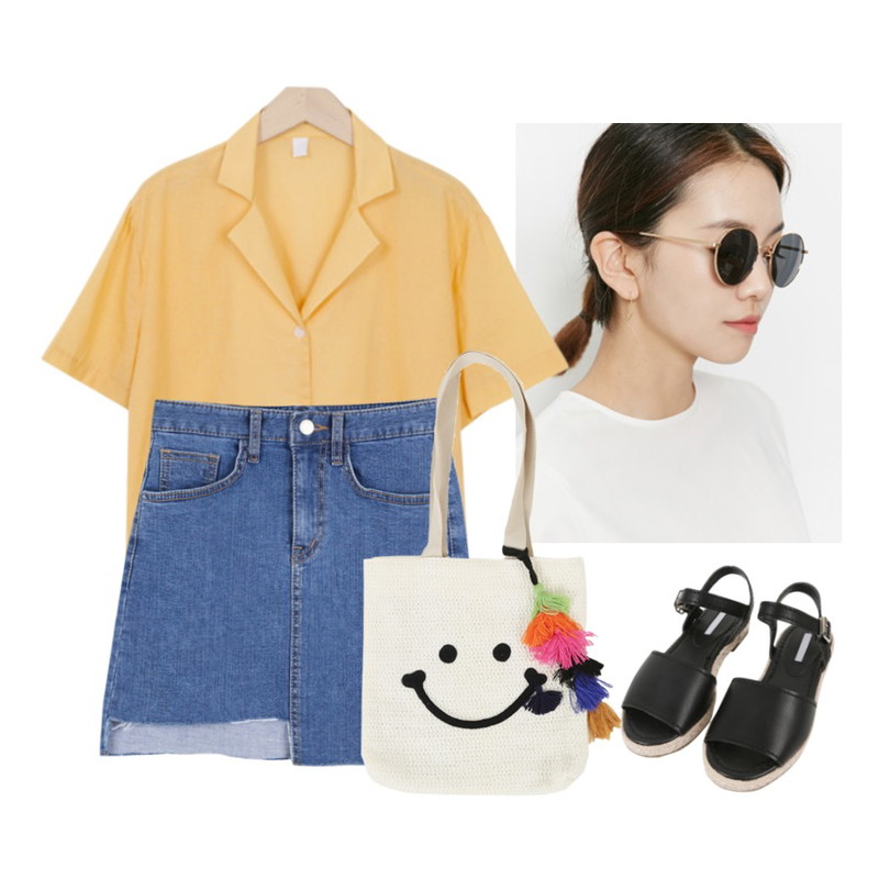 CHLO.D.MANON 궁금해 언발 스커트,From Beginning Bow frame sunglass_P (size : one),From Beginning Color half pajama shirts_B (size : free)등을 매치한 코디