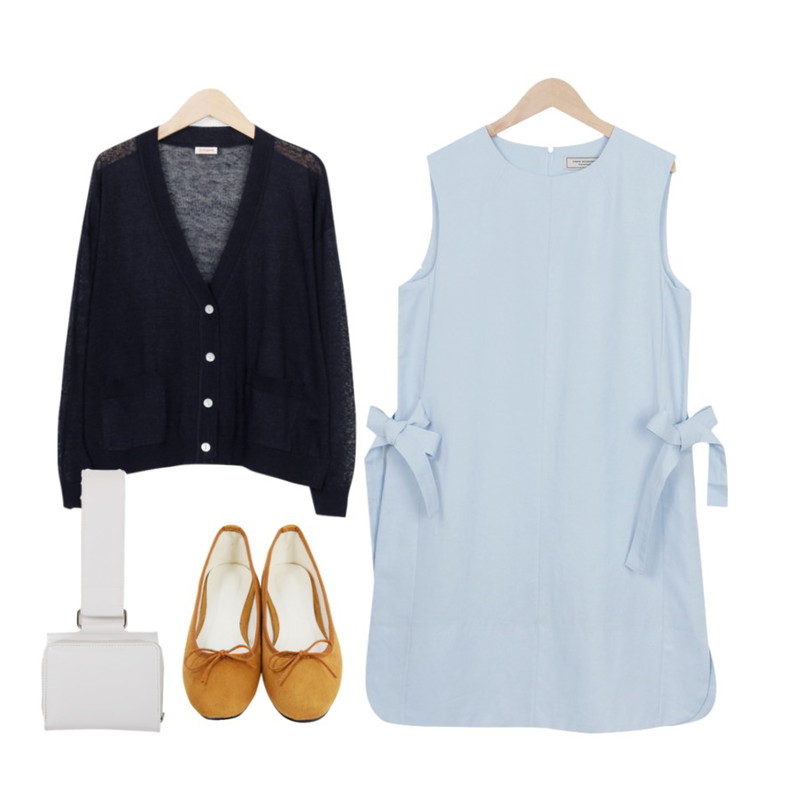 From Beginning Petit sweat flat shoes_M (size : 225,230,235,240,245,250),From Beginning Summer basic cardigan_M (size : free),From Beginning Made_ops-050_pastel ribbon ops (size : free)등을 매치한 코디