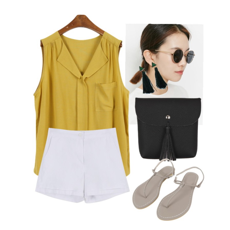 MINIBBONG 바다-bl,From Beginning Bow frame sunglass_P (size : one),daily monday Half banding short pants등을 매치한 코디
