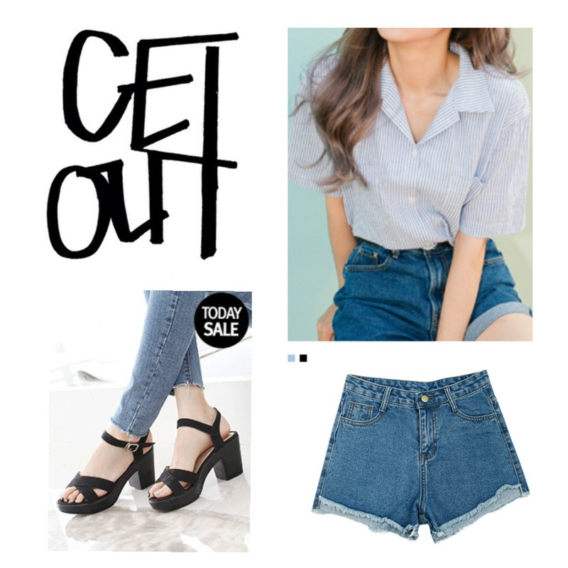 NEW NEED NOW 심플 언발컷팅 숏팬츠(3color),MIXXMIX 브이 포켓 스트라이프 셔츠,LOVELY SHOES 테리치 통굽 스트랩 샌들 (7.5cm)등을 매치한 코디