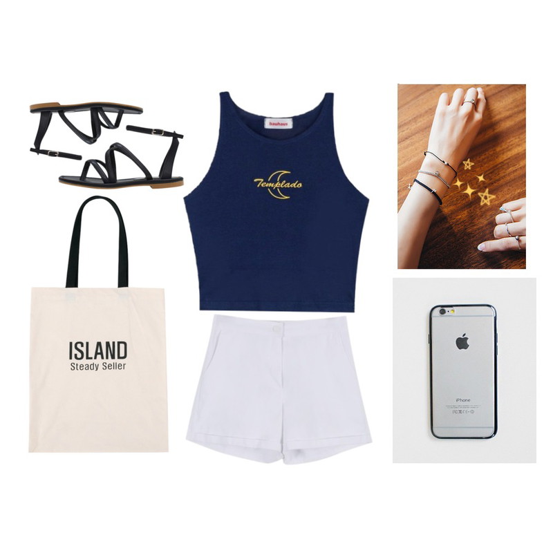daily monday Half banding short pants,LOVELY SHOES 클로티 스트랩 샌들 (1.5cm),MIXXMIX ONLY MIX  뉴문 슬리브리스등을 매치한 코디