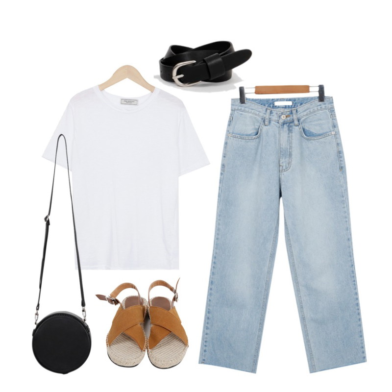 From Beginning X cover espadrille sandal_H (size : 230,235,240,245,250),From Beginning Cold cutting denim pants_P (size : S,M),From Beginning Made_top-111_half slab T (size : free)등을 매치한 코디