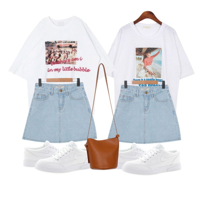 Dailyco 브리즈-t,DORA 미니버블T,From Beginning Made_bottom-072_cutting denim skirt (size : S,M)등을 매치한 코디