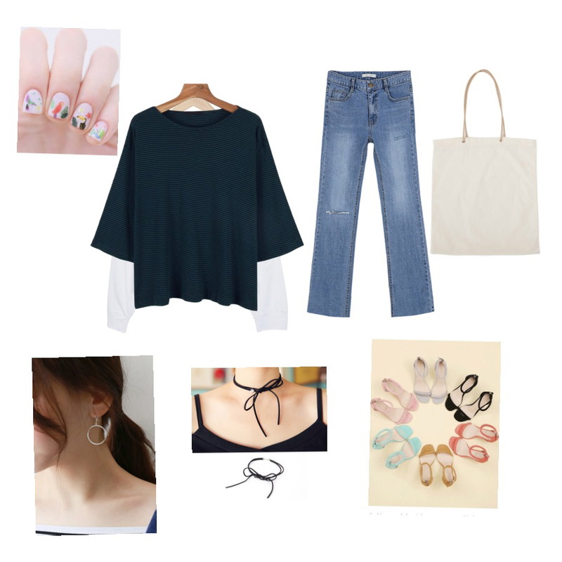 CHLO.D.MANON 바이트 컷팅 부츠컷,daily monday Color combine stripe tee,From Beginning Drop shoulder crop mtm_Y (size : free)등을 매치한 코디