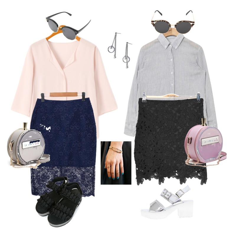 From Beginning Feminine lace midi skirt_Y (size : S,M),AIN soft color stripe shirts (3 colors),Reine 썸즈 루즈 브이넥 블라우스등을 매치한 코디