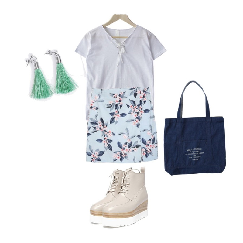AIN "FRESH A" tessle earing (5 colors),CCUMI SISTER Eyelet tee,Zemma World (ZEM.attitude) 슬림플라워 (sk)등을 매치한 코디