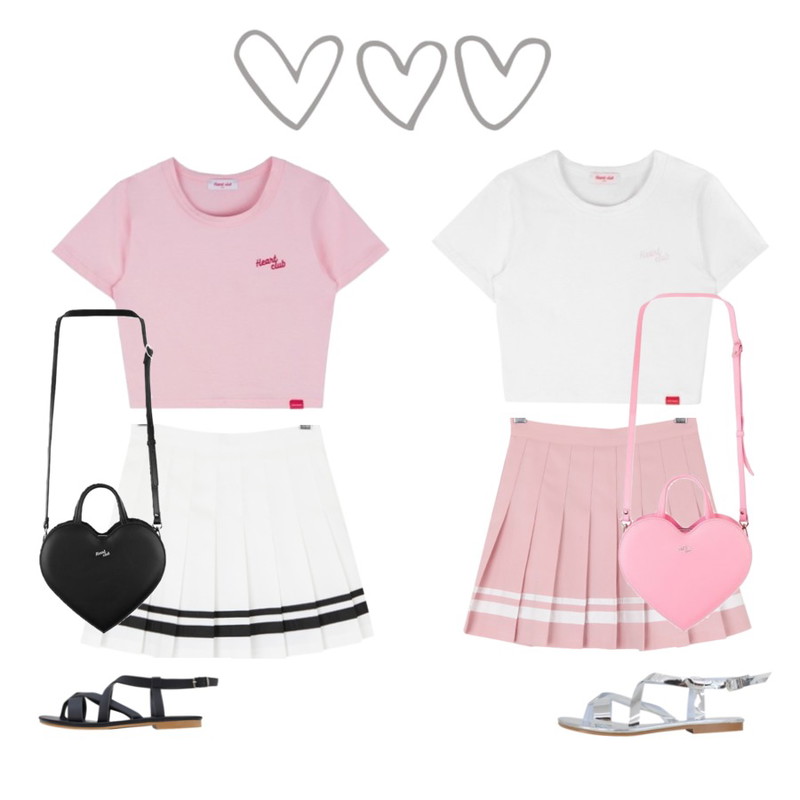 BULLANG GIRL 언발테잎테니스SK,MIXXMIX Heart club 16SC Heart span crop top(Pink),MIXXMIX Heart club 16SC Heart span crop top(white)등을 매치한 코디