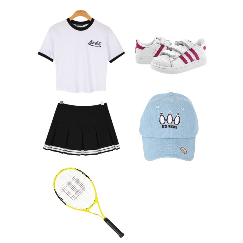BULLANG GIRL 코카배색반팔T,BULLANG GIRL 투라인플리츠SK,Player 아디다스 슈퍼스타 CMF I 화이트핑크 (ADIDASSPSTAR I CMF WH/BPK)등을 매치한 코디