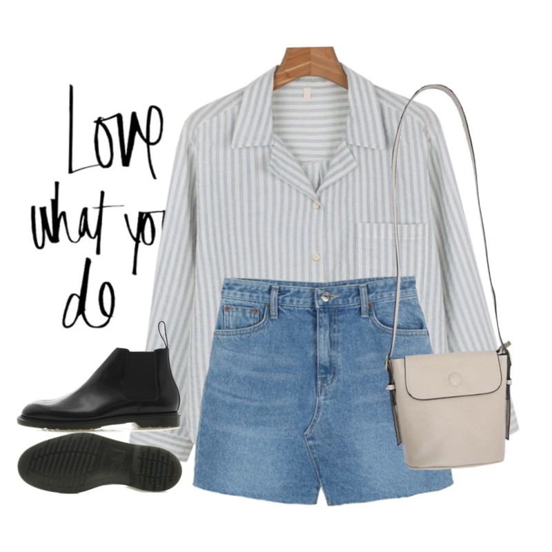 insta@thewriting,daily monday Hemline cutting denim skirts,daily monday Stripe pajama shirts등을 매치한 코디