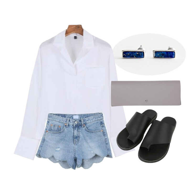 daily monday Stone bar earring,daily monday Daily summer fluid shirts8/2 입고예정,Zemma World 꽃잎커팅-쇼츠 (pt)등을 매치한 코디