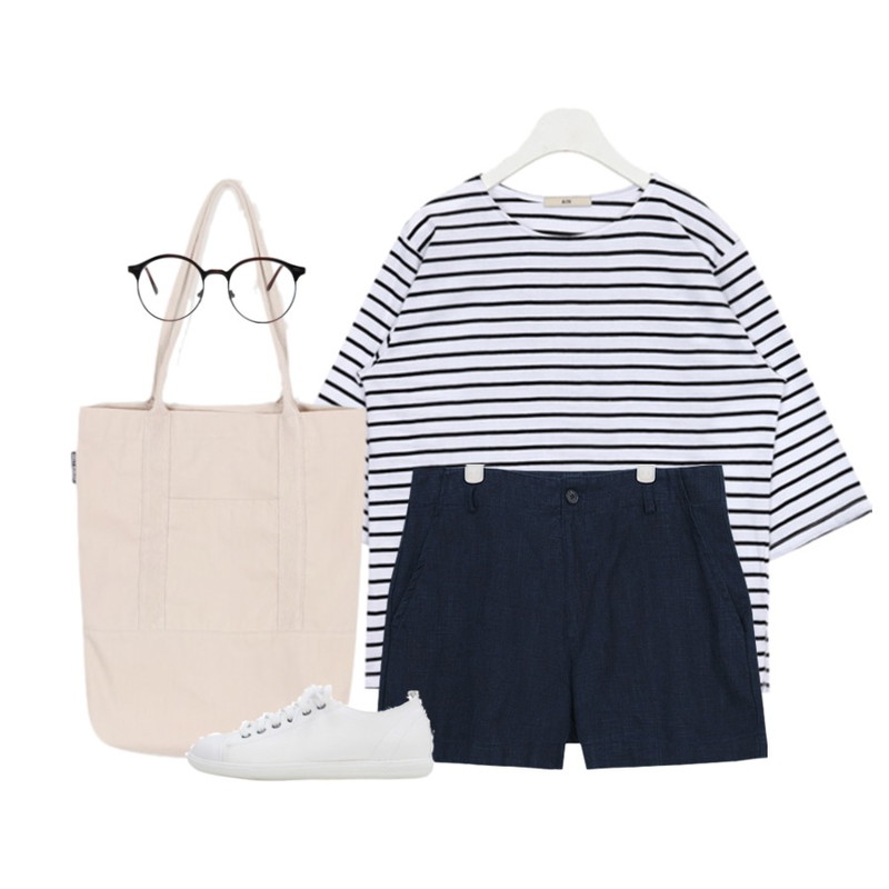 daily monday Daily pocket eco bag,AIN basic linen short pants (3 colors),AIN " FRESH A " stripe 7 T (4 colors)등을 매치한 코디