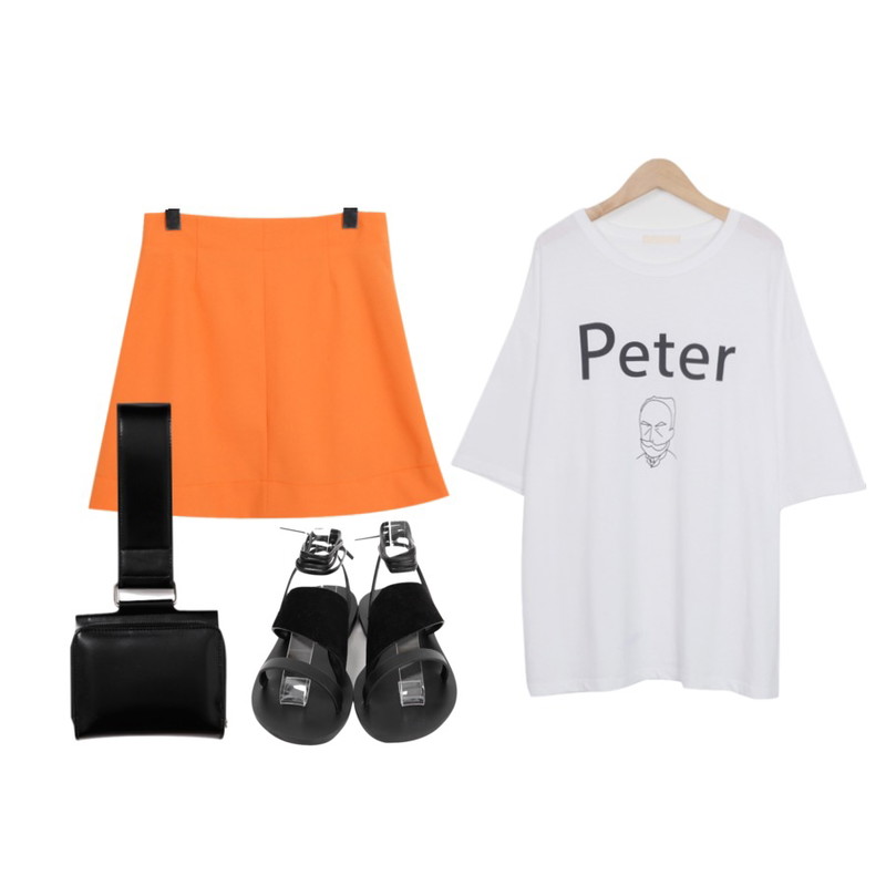 From Beginning Peter cotton T_H (size : free),From Beginning Piece sweat string sandal_M (size : 225,230,235,240,245,250),From Beginning Made_bottom-074_color A line skirt (size : S,M)등을 매치한 코디